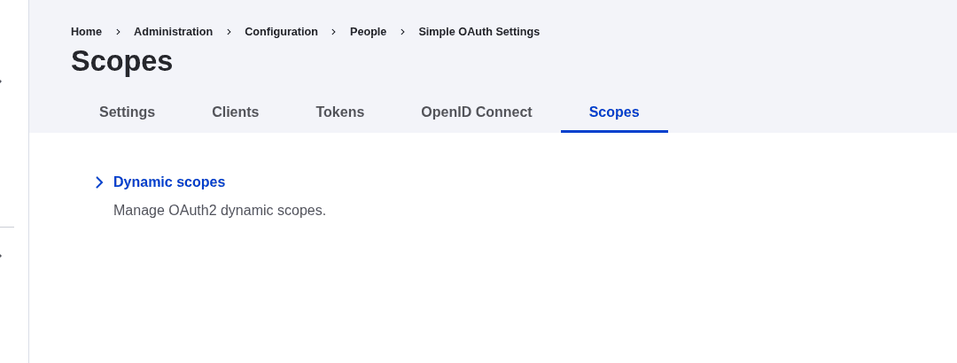 The Simple OAuth Scopes administration screen, where Dynamic scopes are managed
